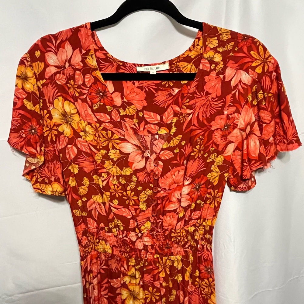 Red Floral Button-Front Midi Dress with Smocked Waist